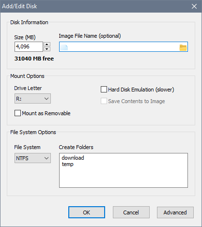 make ram disk with softperfect